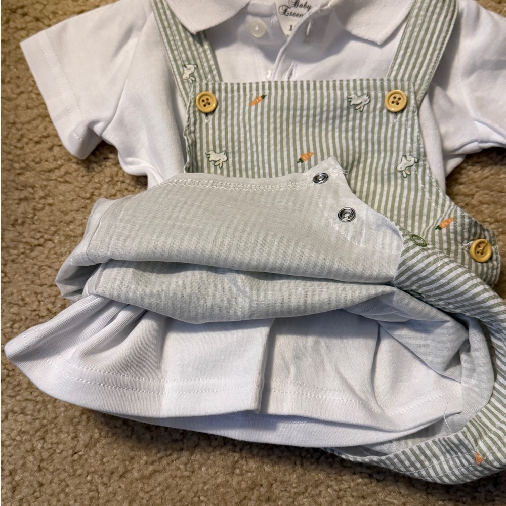 Baby Essentials NWOT Green Striped Bunny Overalls Romper with White Shirt, 12m - Picture 5 of 6